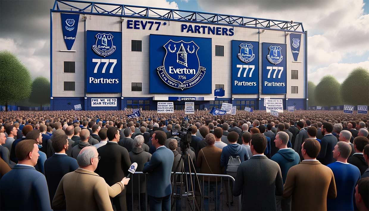 visuel de l'extérieur du stade de football d'Everton. Des bannières portant les logos d'Everton et de 777 Partners sont accrochées bien en évidence. Des supporters sont rassemblés à l'extérieur, certains brandissant des pancartes exprimant leurs inquiétudes quant au rachat.