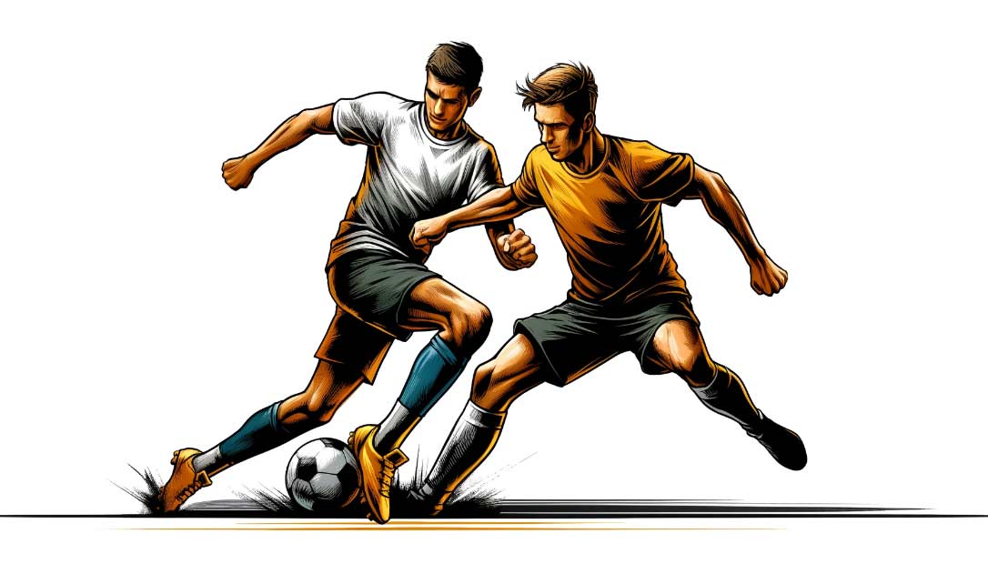 Illustration graphique d'un entraînement de football focalisé sur l'agressivité et le dynamisme. On y voit deux joueurs pratiquant des exercices en binôme sur le terrain, l'un tentant de surpasser l'autre dans un duel intense.