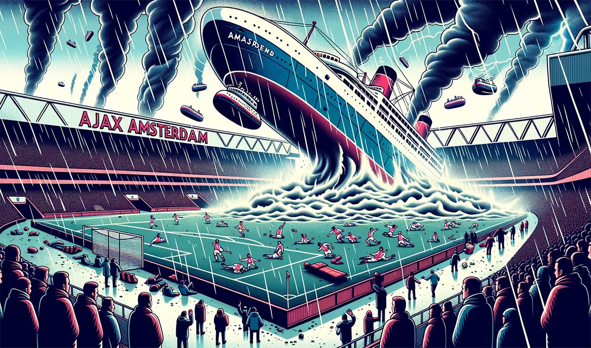 Illustration colorée représentant une tempête s'abattant sur le stade de l'Ajax Amsterdam, symbolisant les difficultés du club. Des joueurs semblent perdus sur le terrain, des éclairs frappent à proximité et des supporters avec des visages tristes regardent le chaos.