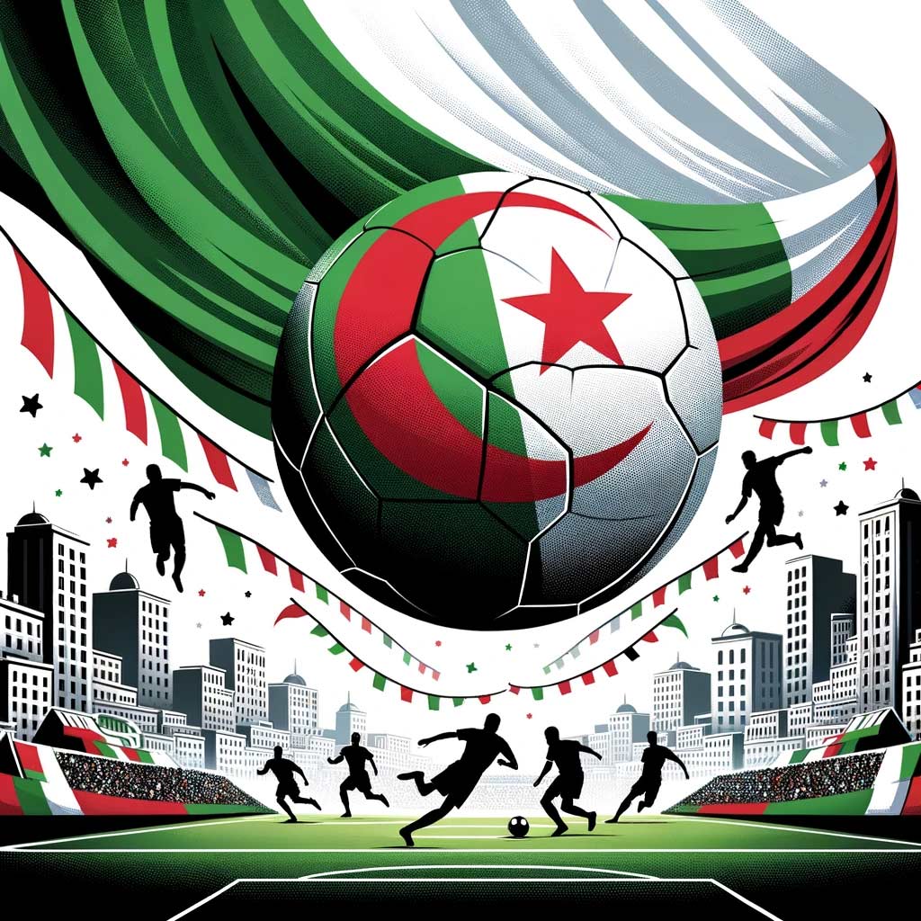 Illustration colorée représentant un ballon de football orné du drapeau algérien, survolant un paysage urbain d'Algérie avec des silhouettes de joueurs en action au premier plan.
