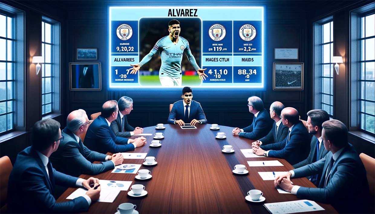 salle de réunion avec des représentants de clubs européens assis autour d'une table. Ils discutent de la situation d'Alvarez, avec un écran de projection montrant ses faits marquants et ses statistiques à Manchester City