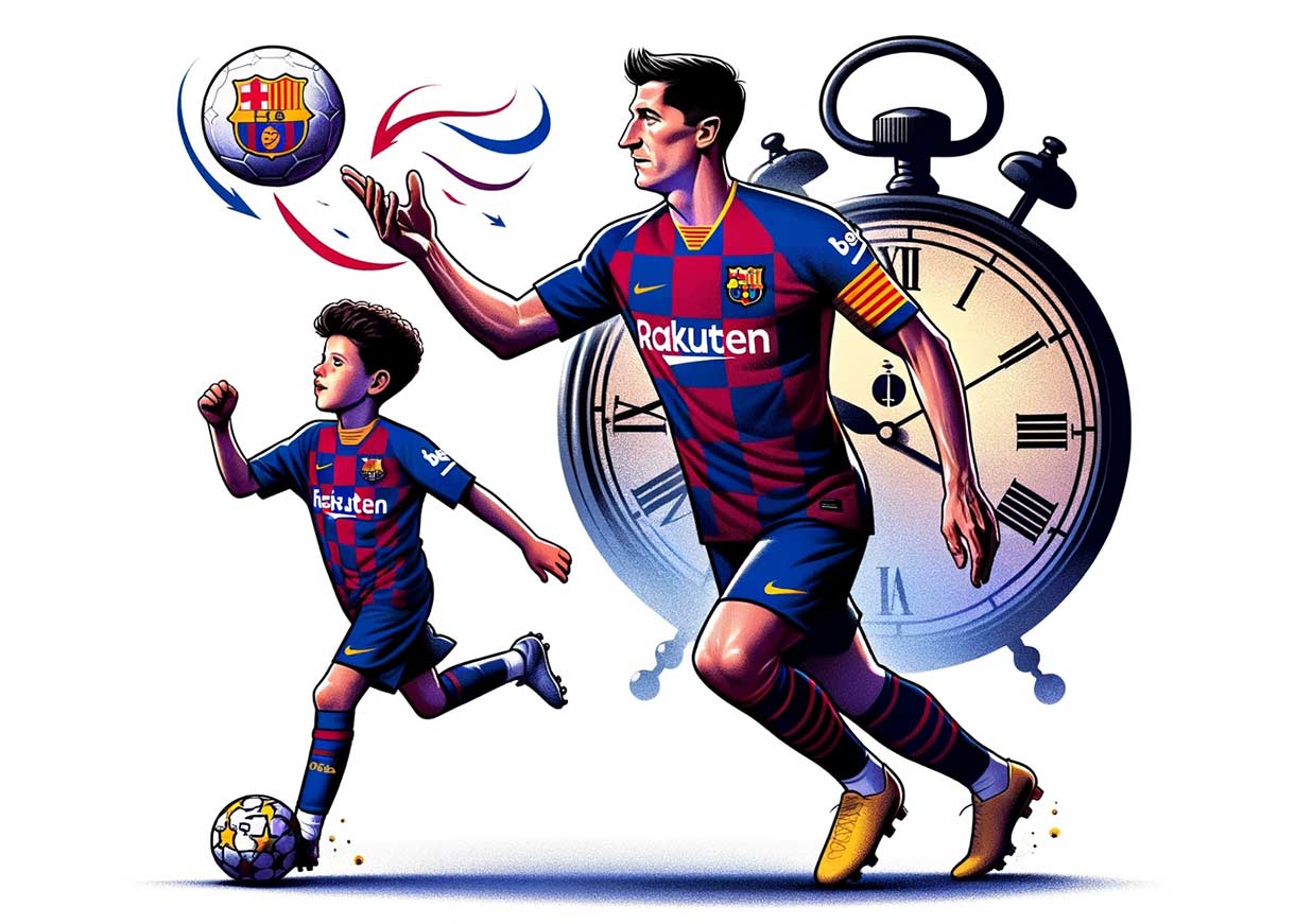 Illustration de Robert Lewandowski, portant le maillot du FC Barcelone, passant le ballon à un jeune joueur ressemblant à Julián Álvarez. En arrière-plan, le logo du Barça et une horloge indiquant le temps qui passe, évoquant le dilemme entre expérience et jeunesse.