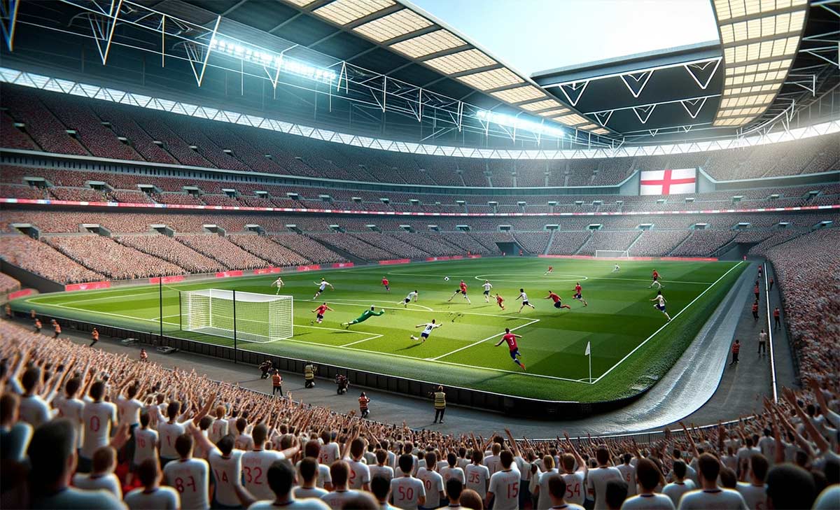 visuel du stade de Wembley pendant le match intense entre l'Angleterre et l'Italie. La foule est debout lorsque Harry Kane tire au but, marquant ainsi son 61e but pour l'équipe nationale. Jude Bellingham, qui porte le maillot de l'équipe d'Angleterre, est en train de courir pour le soutenir. Le gardien italien plonge pour tenter d'arrêter le tir.