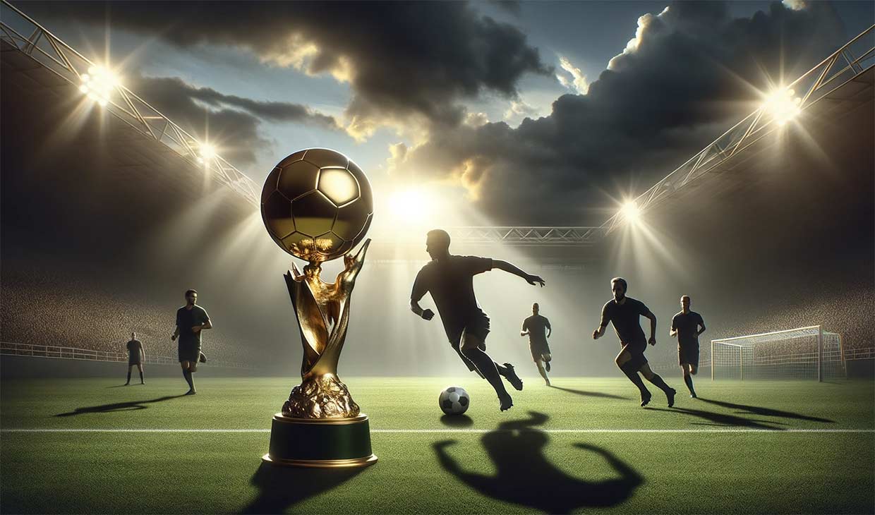Photo d'un terrain de football sous un ciel nuageux. Au centre, un trophée doré symbolisant le Ballon d'Or. À gauche, une silhouette d'un joueur de foot en action avec le ballon, représentant les exploits en Coupe du Monde. À droite, deux autres silhouettes de joueurs en compétition pour le ballon.