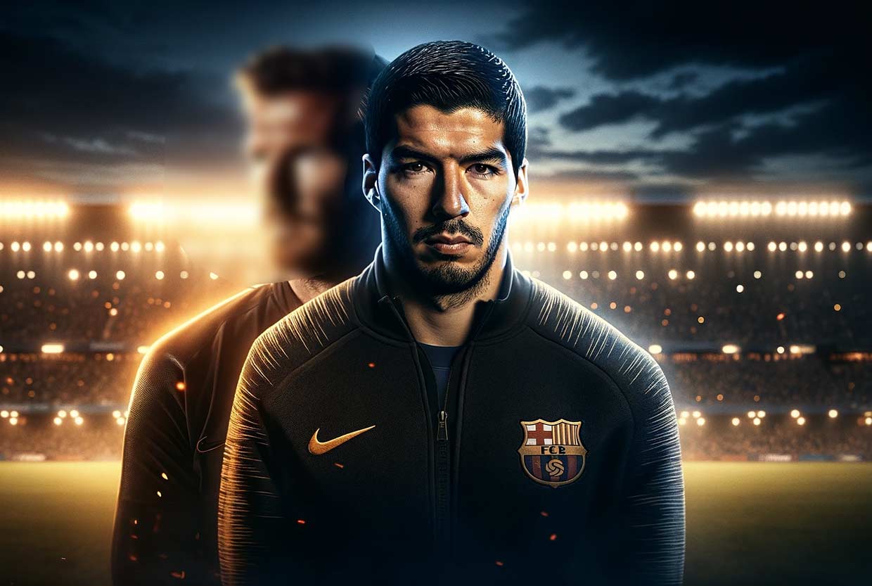 Illustration de Suarez avec beckham flou proche d elui pour symboliser la possible décisition de Suarez