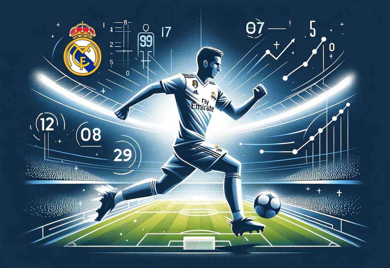 dessin d'un stade de football en effervescence avec un jeune joueur central en vedette, faisant une action mémorable. Le logo du Real Madrid est en évidence et des chiffres et graphiques autour du joueur mettent en avant ses statistiques remarquables.