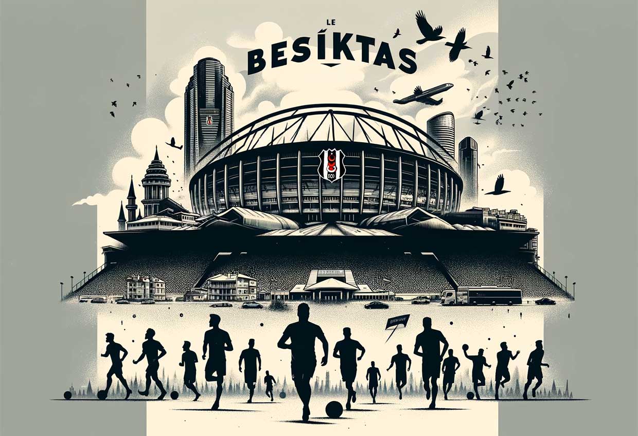 Illustration avec le stade de Besiktas, le Vodafone Park, en arrière-plan, symbolisant le foyer du club. Au premier plan, des silhouettes de joueurs de football, certains partant et d'autres arrivant, pour représenter le remaniement de l'équipe