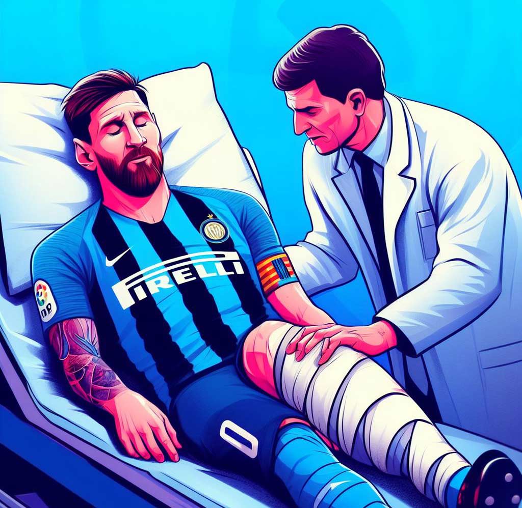 illustration représentant Messi blessé à la cuisse ausculté par un médecin