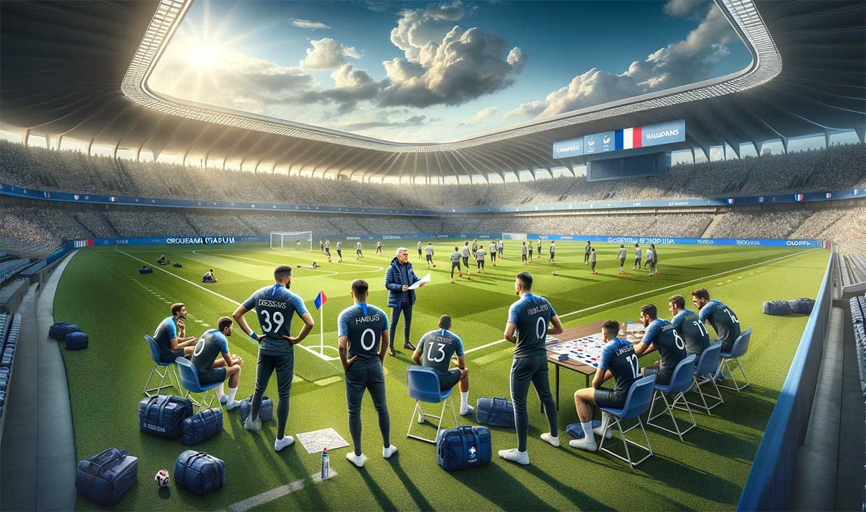préparation de l'équipe nationale de France pour le match amical contre l'Allemagne, avec Didier Deschamps planifiant la stratégie, les joueurs s'entraînant au Groupama Stadium de Lyon sous un ciel clair.