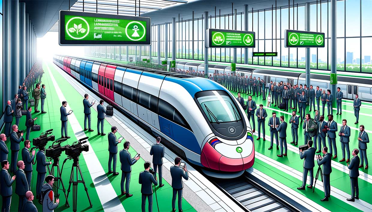 Illustration d'un train futuriste écologique aux couleurs du drapeau français. Le train est garé sur un quai où des membres de l'équipe nationale française de football masculin de différentes origines s'apprêtent à monter à bord. Autour d'eux se trouve le personnel des médias, avec des microphones et des caméras. Un affichage numérique sur le quai met l'accent sur le thème de la durabilité avec des icônes et des textes verts.