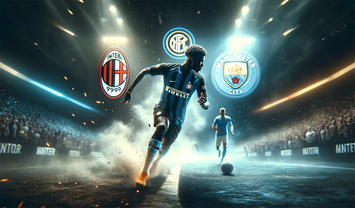 illustration de Buchanan en plein effort, avec en arrière-plan des logos flous de l'Inter Milan et Manchester City.