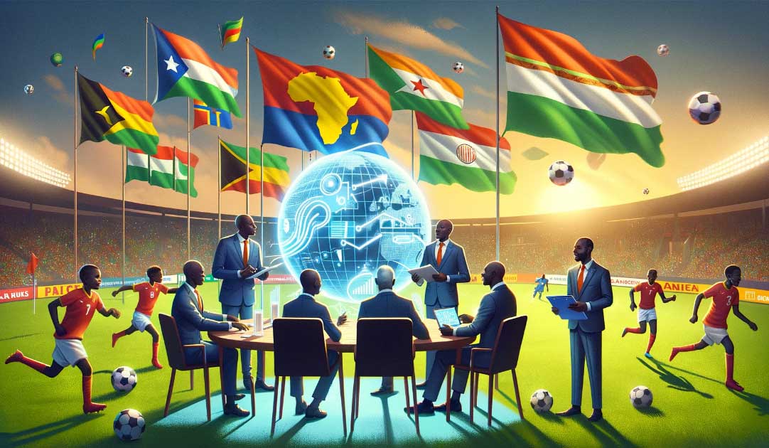 Illustration montrant les dirigeants de la Confédération Africaine de Football (CAF) discutent stratégiquement autour d'une table, visualisant des graphiques montrant une croissance des revenus et des partenariats. À l'arrière-plan, des drapeaux des pays participants à la CAN flottent fièrement, symbolisant l'unité et la diversité du continent