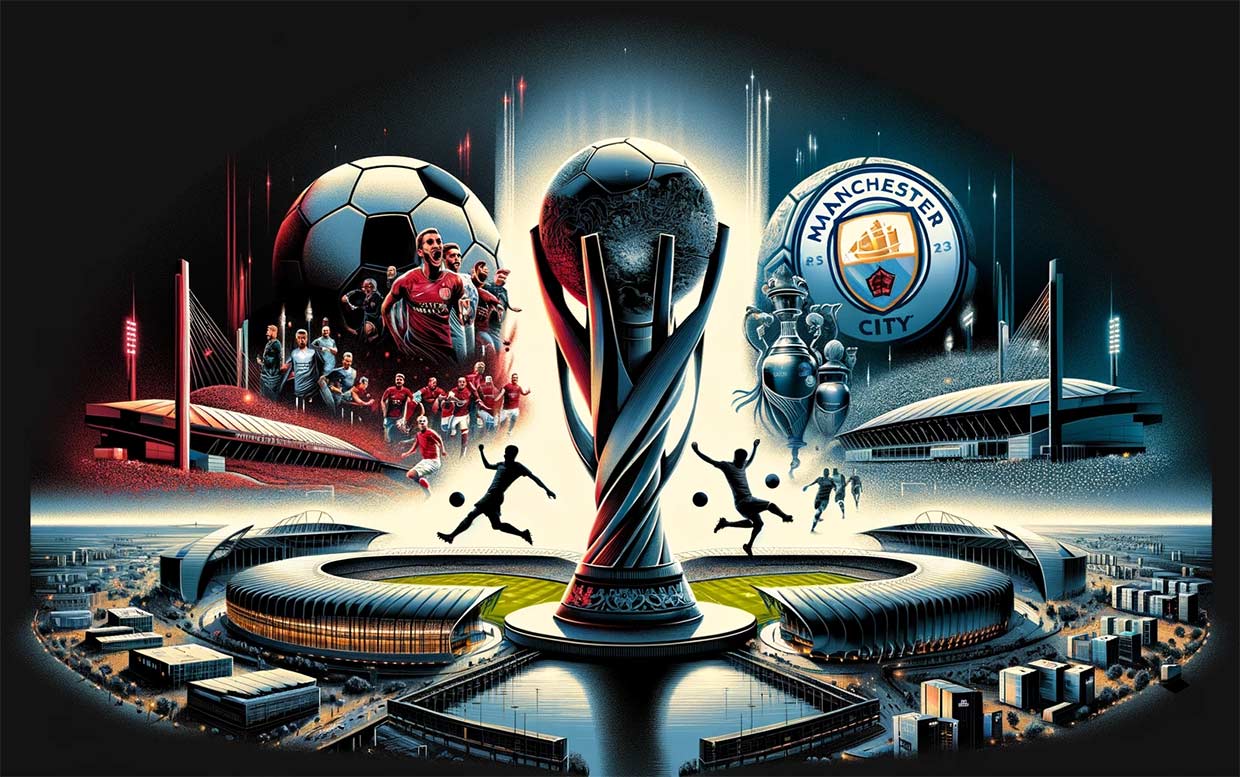 mélange de scènes de football, avec des aperçus du King Abdullah Sports City Stadium et du Prince Abdullah Al-Faisal Stadium en Arabie Saoudite, des images symbolisant Manchester City et Fluminense, et un ballon de football.