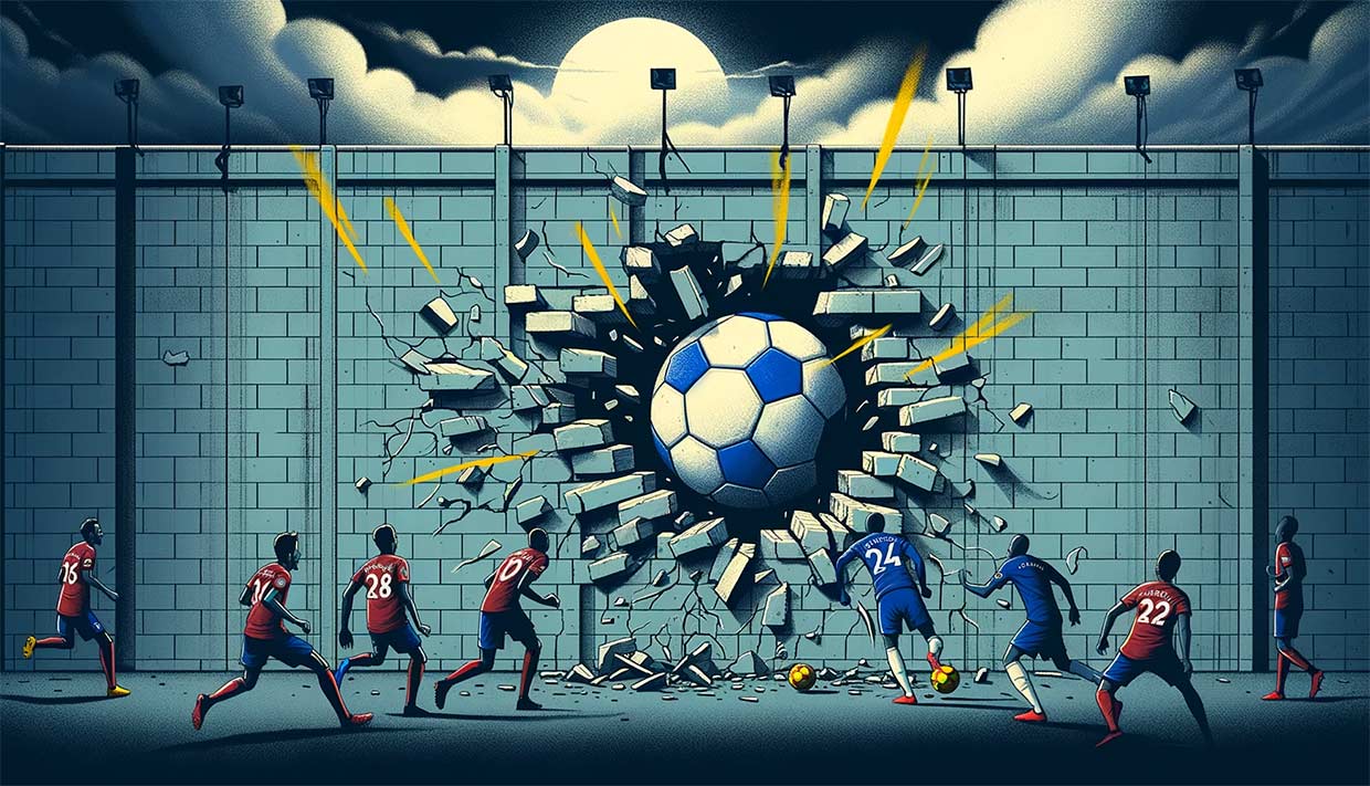 Illustration au style artistique montrant un mur fissuré avec les couleurs de Chelsea. Au centre, une balle de football a percuté le mur, créant une grande fissure. Autour, des ombres de joueurs semblent dispersées et désorientées.