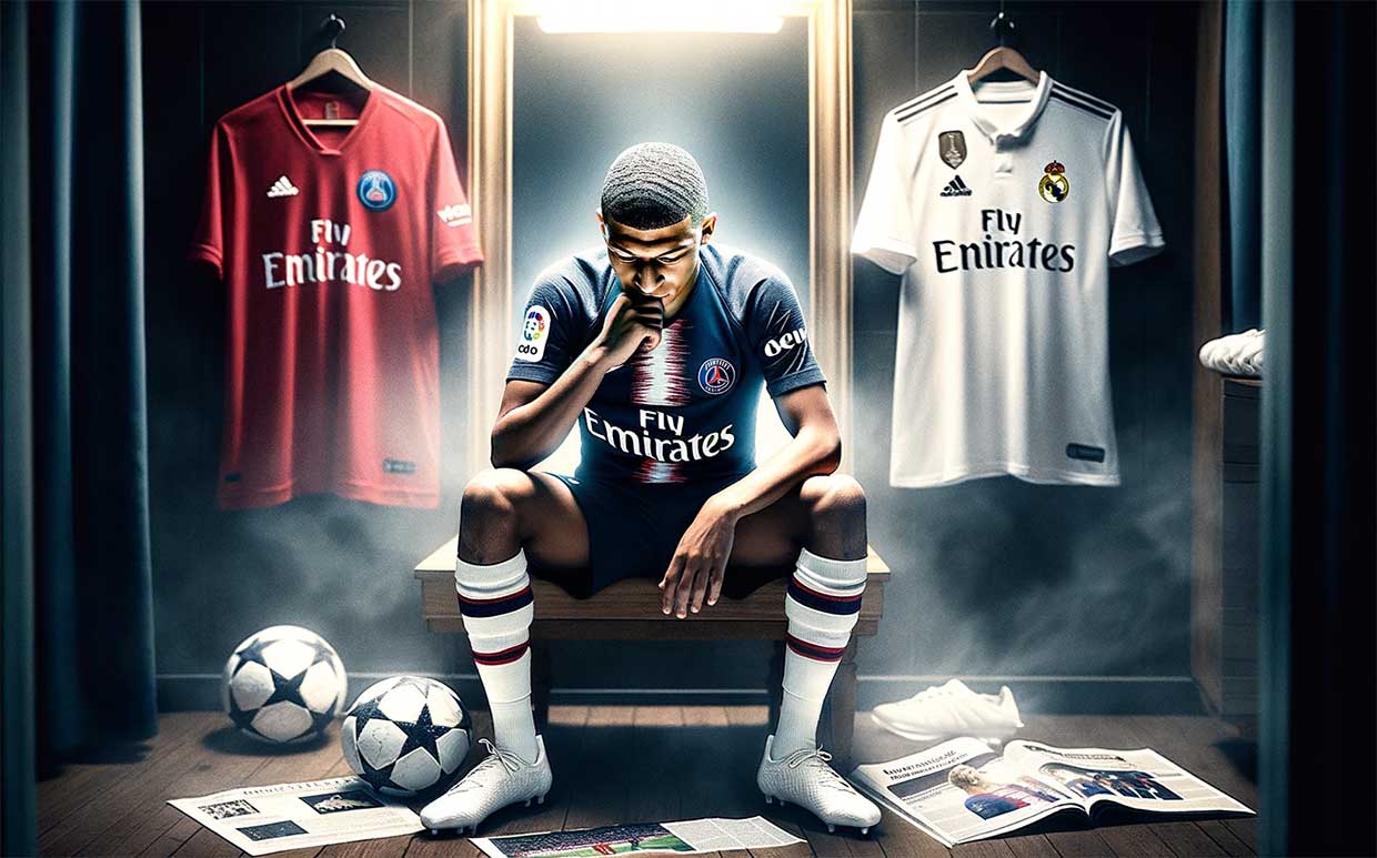 Illustration de Mbappé en train de réfléchir intensément, assis dans un vestiaire, vêtu de son maillot du PSG. Derrière lui, des maillots du Real Madrid et du PSG sont suspendus côte à côte, symbolisant son choix.