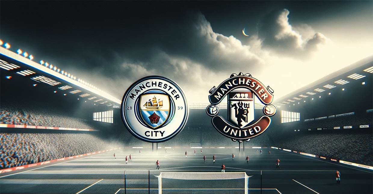 Photo d'un stade de football en plein match. Au premier plan, on voit le logo de Manchester City brillant et imposant, représentant leur dominance. En arrière-plan, le logo de Manchester United est en ombres contrastées, montrant leur position actuelle.