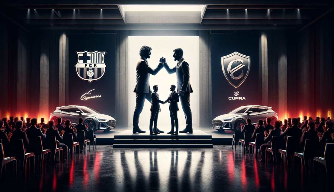 Illustration avec au centre, les silhouettes de Joan Laporta et Wayne Griffiths se serrent la main, symbolisant l'alliance forte entre le FC Barcelone et Cupra. Derrière eux, un grand écran affiche fièrement les logos du FC Barcelone et de Cupra, côte à côte, soulignant le renouvellement de leur partenariat.