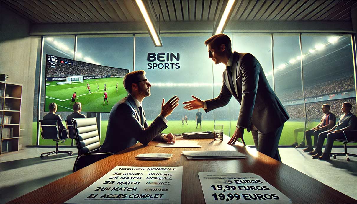 scène représentant deux hommes d'affaires discutant dans un bureau moderne, symbolisant l'accord entre DAZN et beIN Sports pour les droits de diffusion de la Ligue 1. L'un tient un contrat, l'autre pointe vers un écran montrant un match de football.