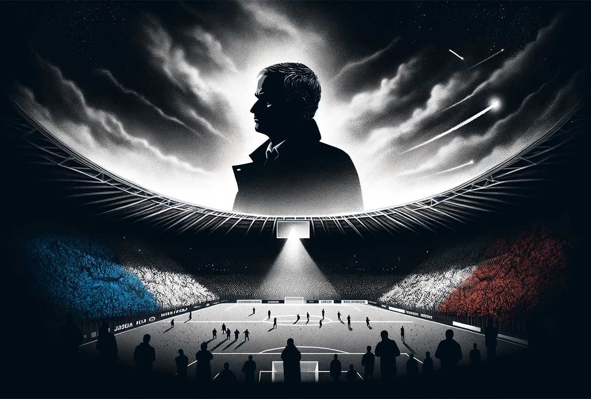 Illustration de Mourinho avec sa silhouette flottant au dessus d'un stade de foot
