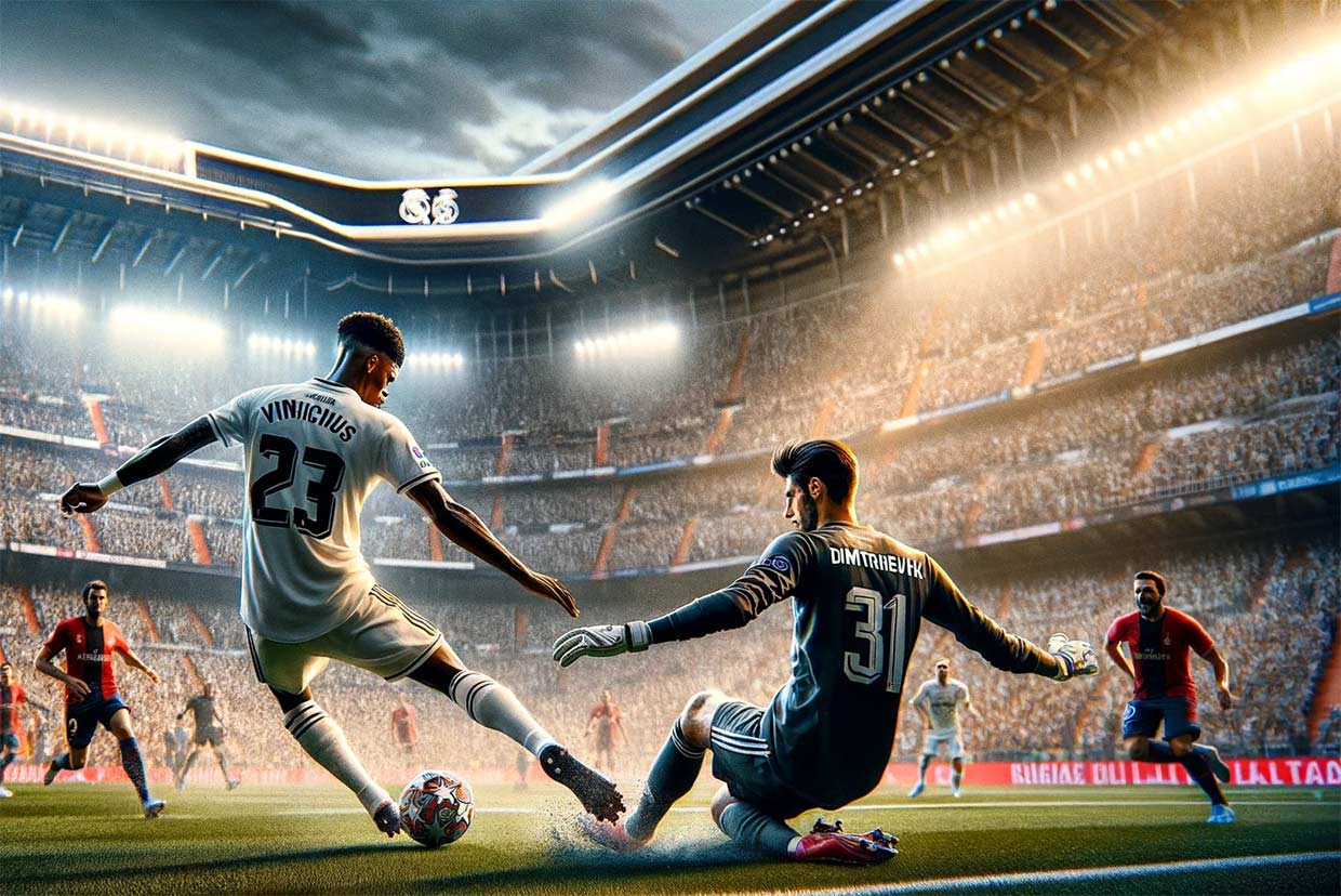 illustration représentant l'action sur le terrain entre le Real Madrid et le Rayo Vallecano, notamment le face-à-face entre Dimitrievski et Vinicius.