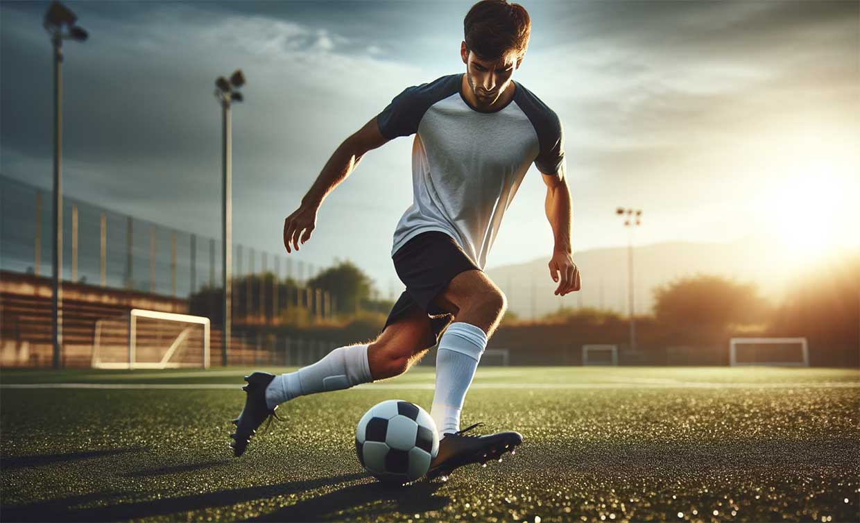 joueur de football pratiquant des dribles de base sur un terrain de football, se concentrant sur le contrôle précis du ballon avec ses pieds. Le ciel est clair et le terrain est bien entretenu.