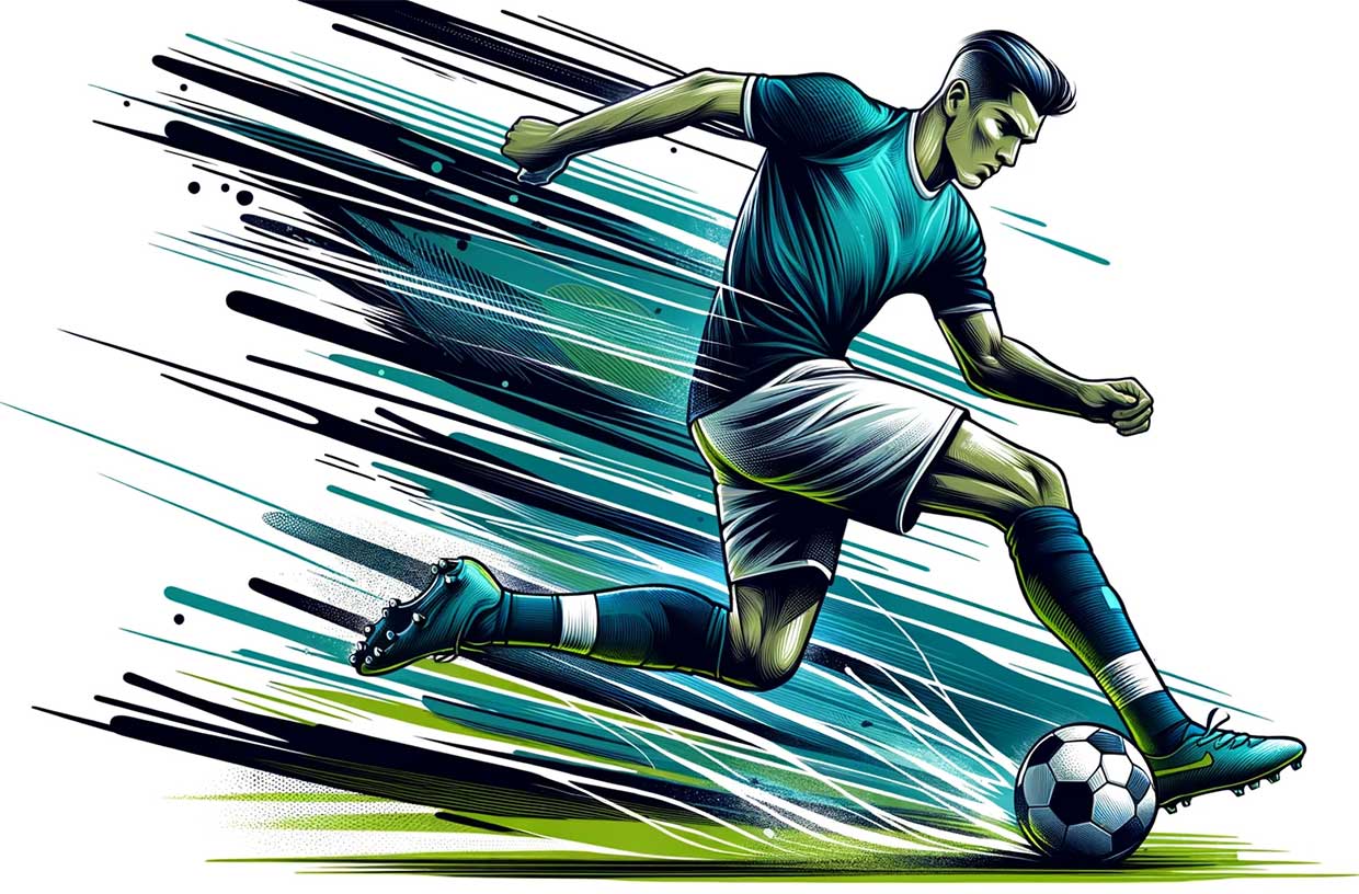 Illustration au style graphique très original et contemporain montrant un joueur de football en action, driblant avec agilité sur un terrain
