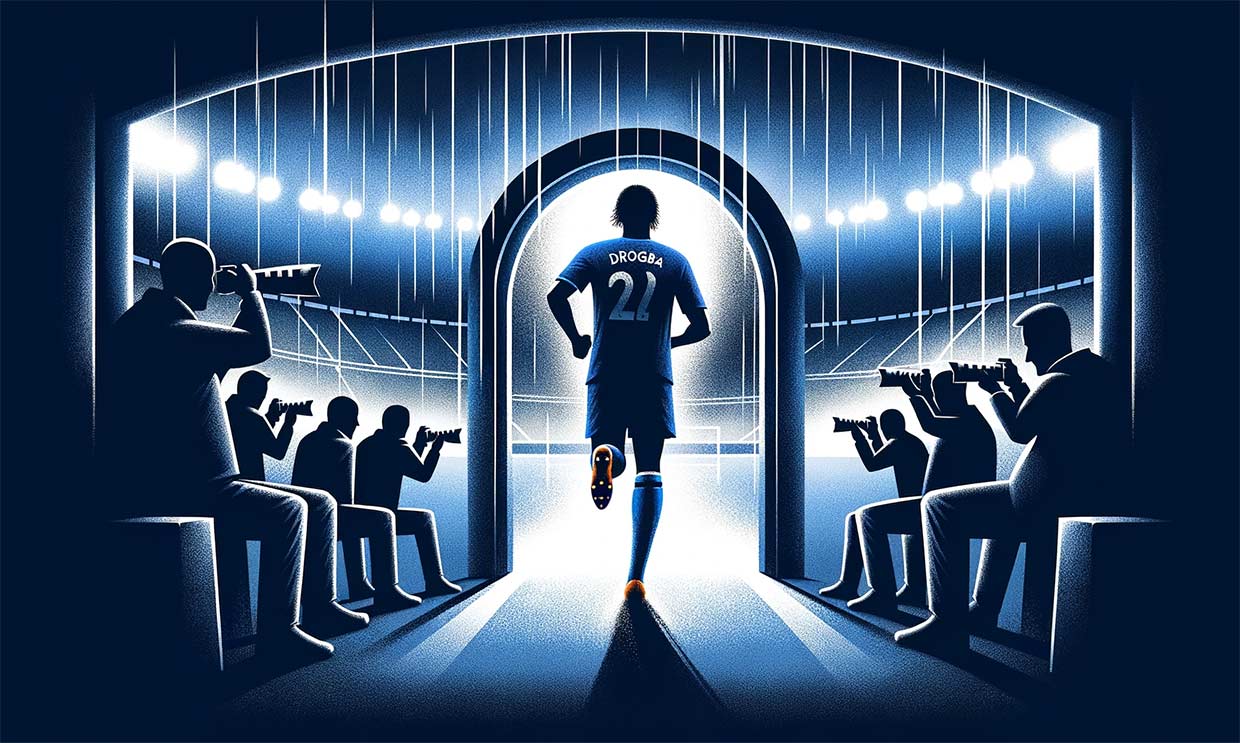 Illustration d'un terrain de football sous une pluie battante. Au loin, la silhouette de Drogba marche vers un tunnel, symbolisant son départ, tandis que des flashs de caméras capturent le moment.