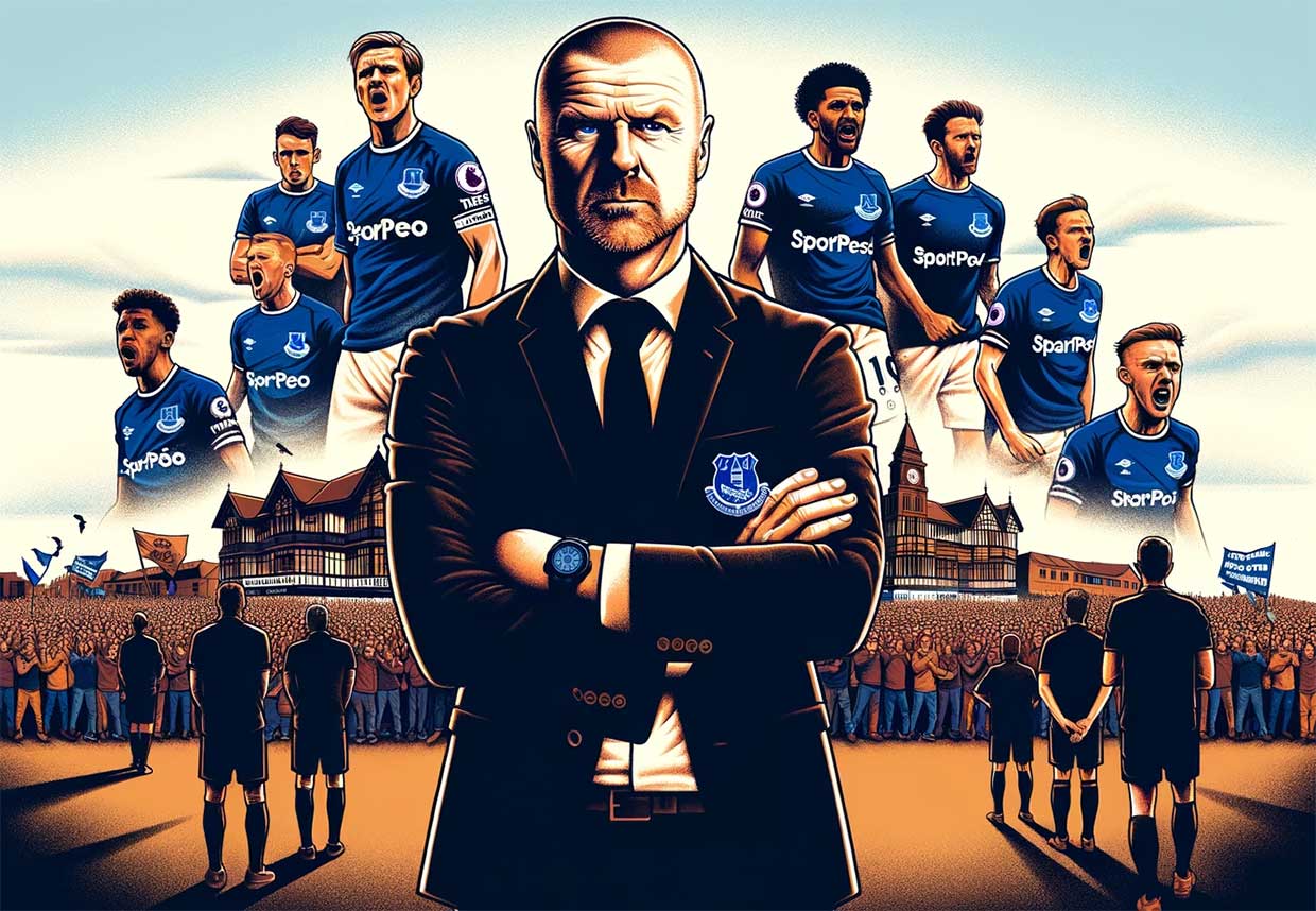 Au premier plan, Sean Dyche, l'entraîneur d'Everton, se tient de manière imposante, les bras croisés, avec une expression sérieuse et réfléchie. Derrière lui, des joueurs en uniforme d'Everton semblent discuter de la situation avec inquiétude