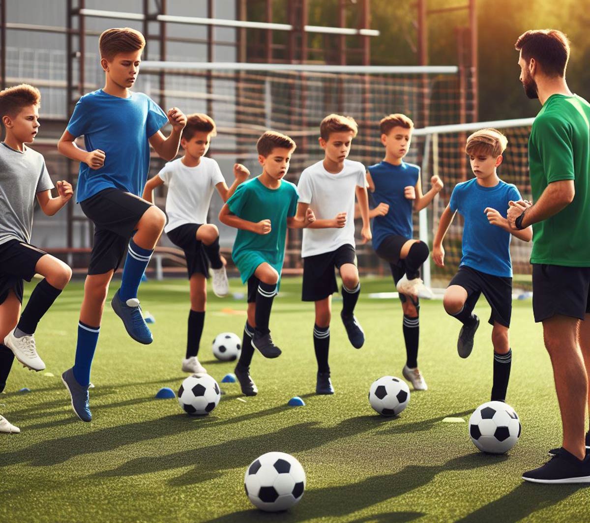 entraîneur avec de jeunes footballeurs en train de s'échauffer