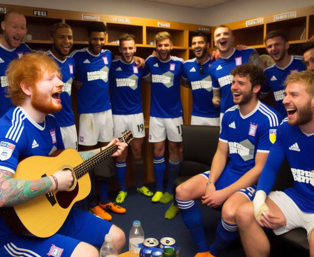 Immage d'illustration d'Ed Sheeran en plein chant avec l'équipe de l'Ipswich Town FC dans le vestiaire