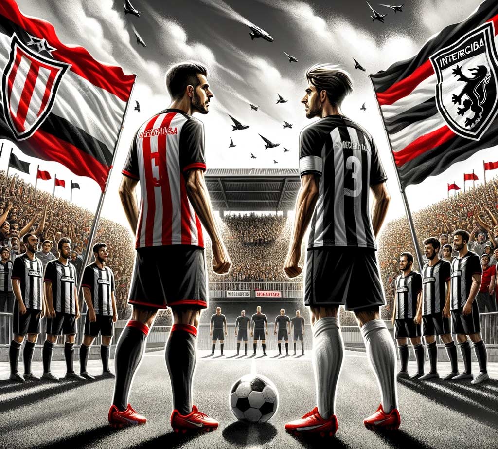 illustration de la confrontation entre Algeciras et Intercity. Le stade Nuevo Mirador est rempli de supporters enthousiastes.
