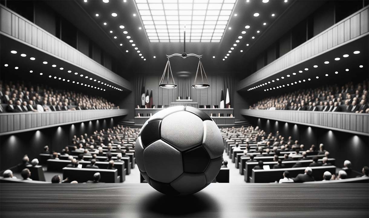 Photo d'un ballon de football au premier plan avec en arrière-plan une salle d'audience vide, évoquant le mélange entre le sport et la justice.