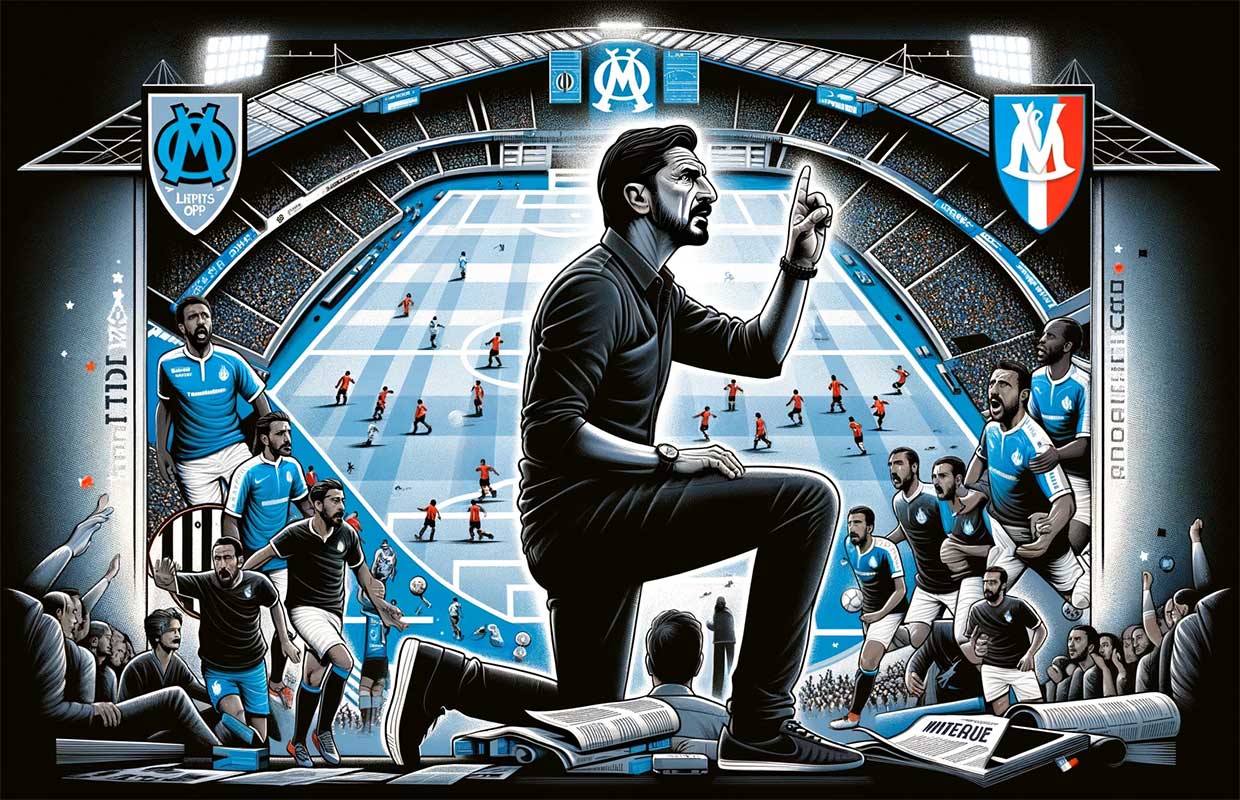 image qui illustre le texte sur Gennaro Gattuso, entraîneur de l'Olympique de Marseille. L'image capture l'incertitude et la pression autour de son avenir au club avec des éléments symboliques comme un stade de football, des maillots de l'OM, un tableau tactique