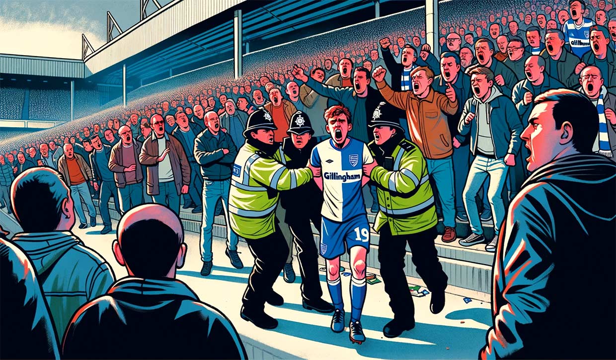 Illustration colorée d'un stade rempli à craquer. Les supporters chantent et encouragent leur équipe. Toutefois, un homme au milieu, vêtu d'un maillot de Gillingham, est entouré par des agents de sécurité, le conduisant hors du stade. La foule alentour exprime son mécontentement face à l'incident,