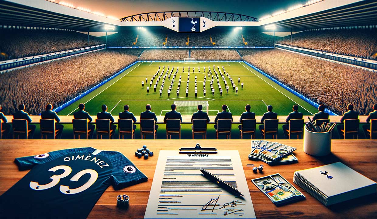 Photo d'un stade de football rempli de supporters en arrière-plan, avec au premier plan une table de négociation. Sur cette table, des contrats, des stylos et un maillot de Tottenham Hotspur. En bordure de l'image, des titres de journaux évoquant le possible transfert de Santiago Gimenez