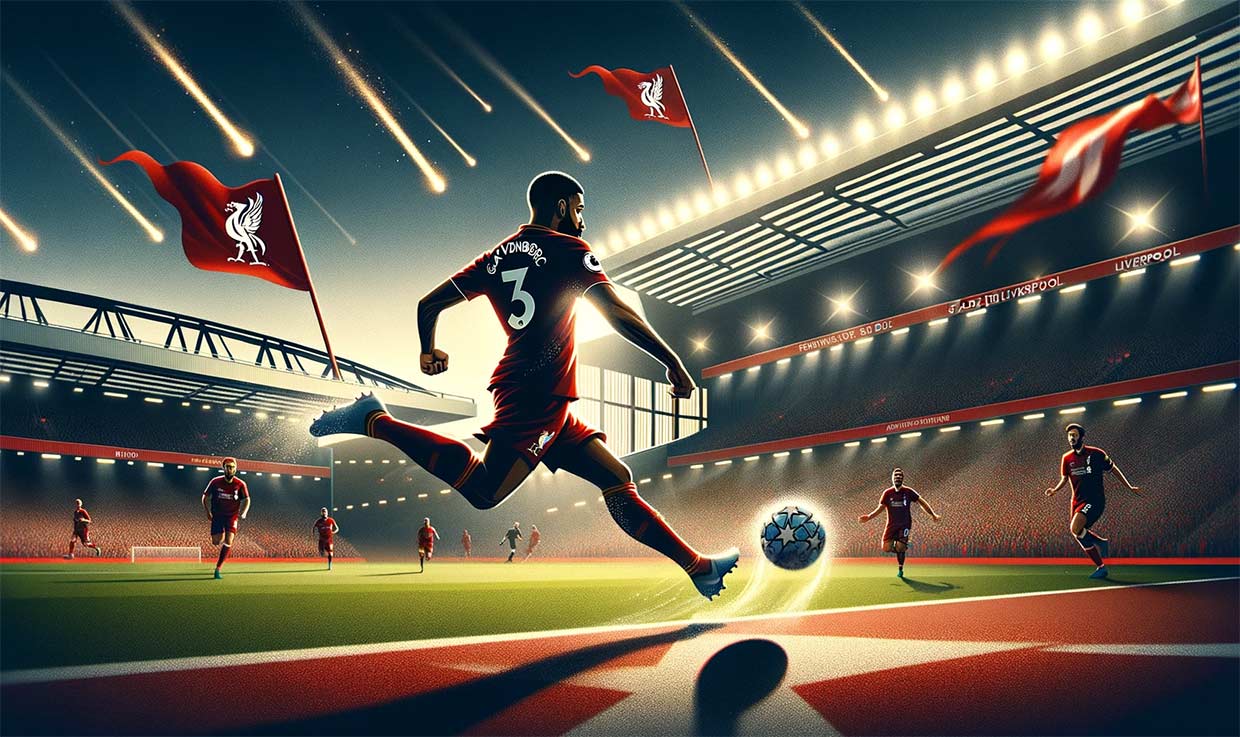 Illustration du stade Anfield de Liverpool. Ryan Gravenberch, en plein sprint, frappe le ballon avec force et précision, envoyant celui-ci vers le but. Les projecteurs du stade mettent en évidence sa silhouette alors qu'il est en action. En arrière-plan, des bannières portant le nom de Klopp flottent fièrement, symbolisant la renaissance de l'équipe sous sa direction.