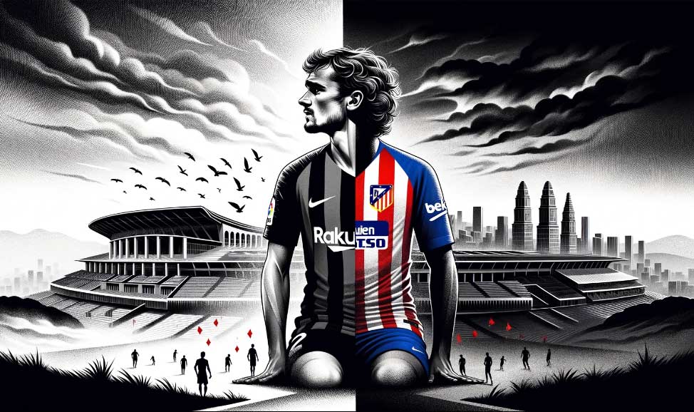 L'image est divisée en deux parties. Sur le côté gauche, une représentation stylisée de Griezmann dans un maillot de Barcelone, l'air contemplatif et légèrement abattu, avec en toile de fond le stade emblématique du Camp Nou. Le côté droit contraste avec Griezmann sous le maillot de l'Atlético de Madrid, l'air déterminé et optimiste, avec le stade Wanda Metropolitano derrière lui