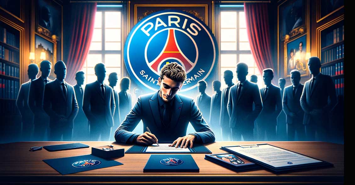 illustration fictive d'une séance de signature contractuelle emblématique, avec Antoine Griezmann au centre, entouré de silhouettes floues symbolisant les nouveaux talents et les dirigeants du club.