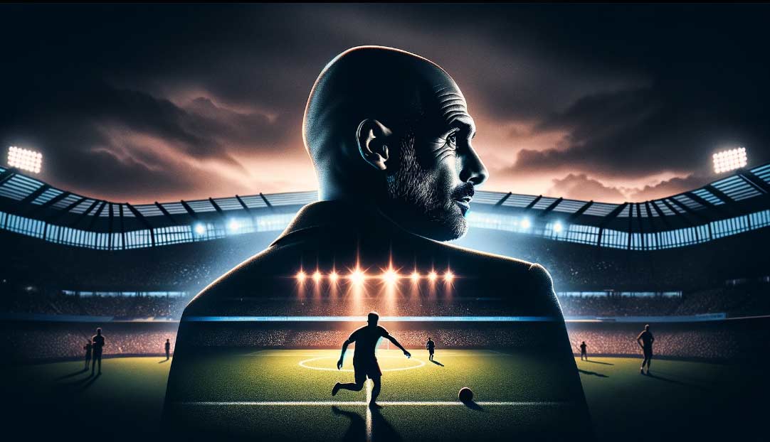 illustration avec au premier plan, une silhouette de Pep Guardiola regarde attentivement un terrain de football illuminé au loin. Le terrain est éclairé par des projecteurs, symbolisant l'avenir brillant d'un jeune joueur, avec une silhouette ombragée au centre, représentant Florian Wirtz