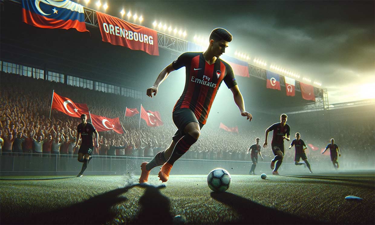 Emircan Gurluk, un jeune talent turc du club d'Orenbourg, en pleine action sur le terrain de football. L'arrière-plan montre un stade rempli de supporters avec des drapeaux russes. Emircan est en train de dribbler avec le ballon, montrant sa détermination et son talent. Des joueurs adverses tentent de l'arrêter, créant une scène dynamique.