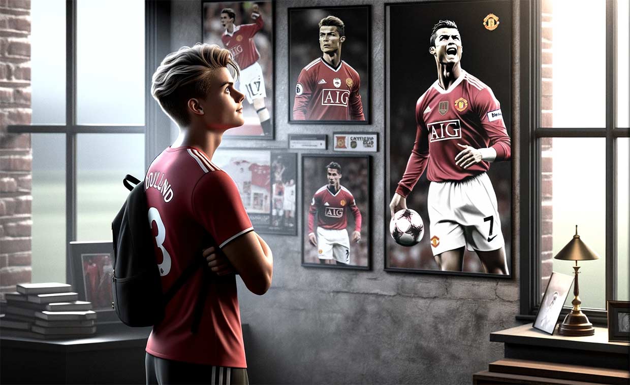 Rasmus Hojlund en tenue de Manchester United, regardant avec admiration un mur orné d'affiches et de souvenirs de Cristiano Ronaldo.Le mur devrait présenter des moments emblématiques de la carrière de Ronaldo à Manchester United