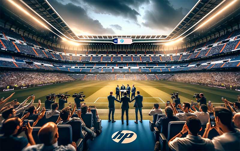 illustration d'un moment emblématique où les dirigeants du Real Madrid et de Hewlett Packard (HP) se serrent la main, scellant leur partenariat devant une assemblée de journalistes et de photographes.