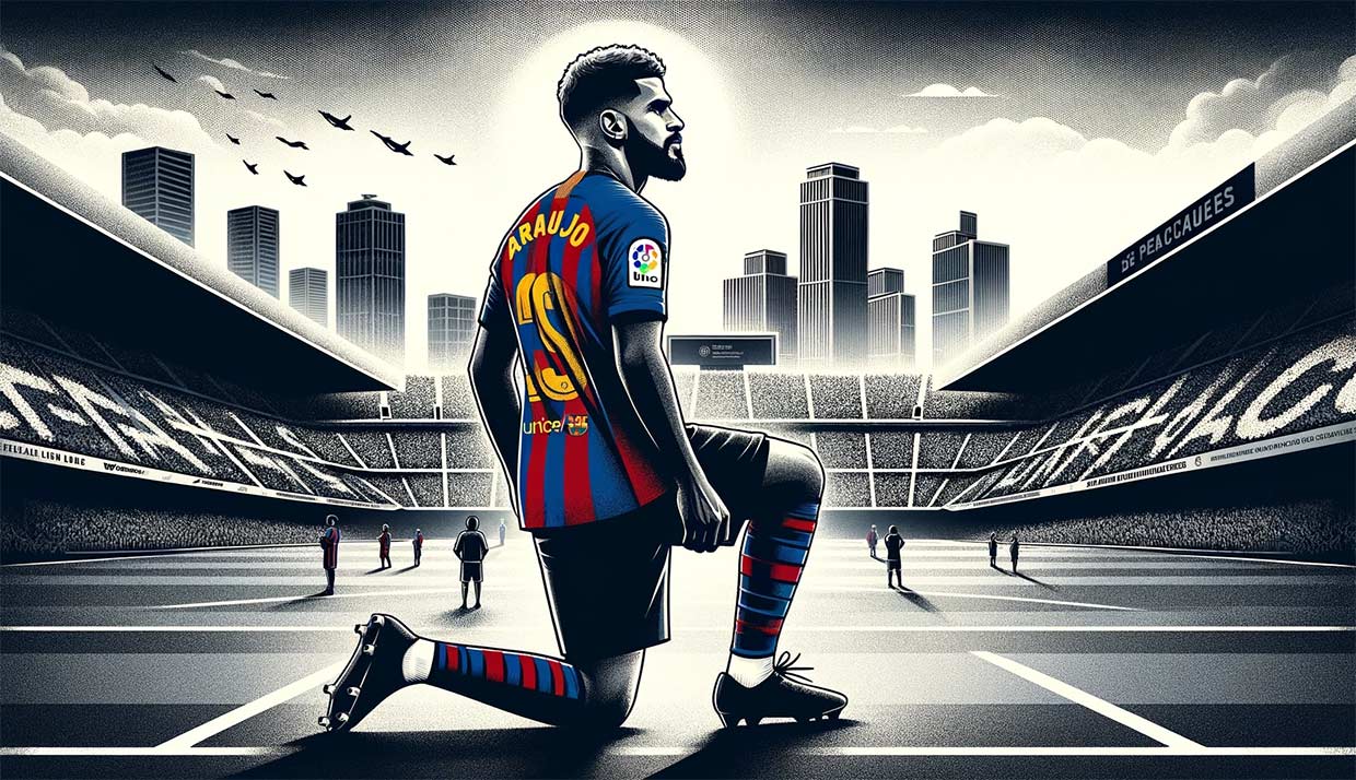 Illustration d'Araujo, portant le maillot du Barça, en position de défense, symbolisant la détermination et le leadership. En arrière-plan, le stade du FC Barcelone avec des fans en liesse
