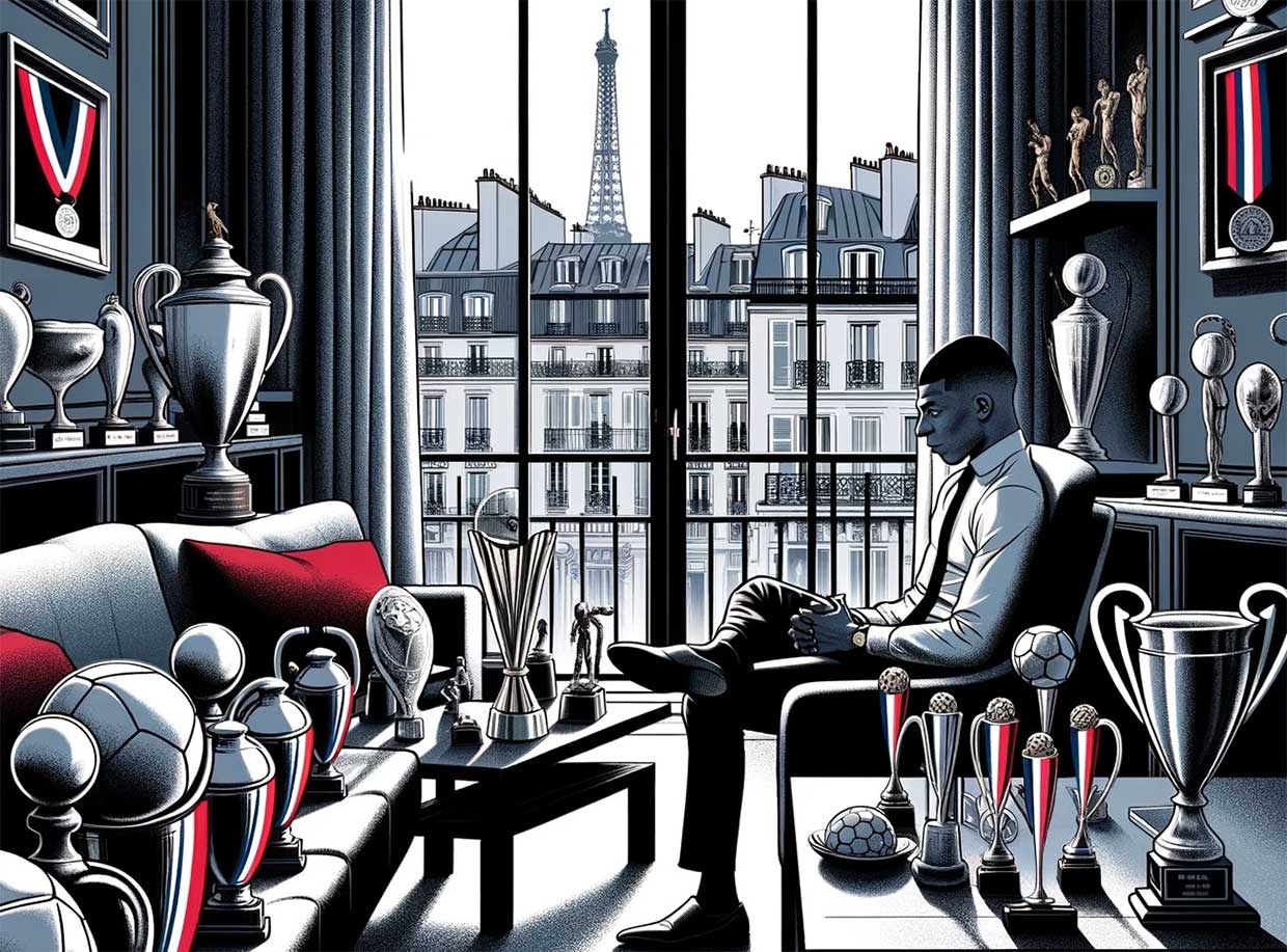 Illustration de Mbappé, assis dans un salon luxueux rempli de trophées et de médailles, évoquant le décor de son domicile. Il semble pensif et mélancolique, regardant par une grande fenêtre vers une scène de rue parisienne animée, symbolisant sa nostalgie pour une vie normale et spontanée