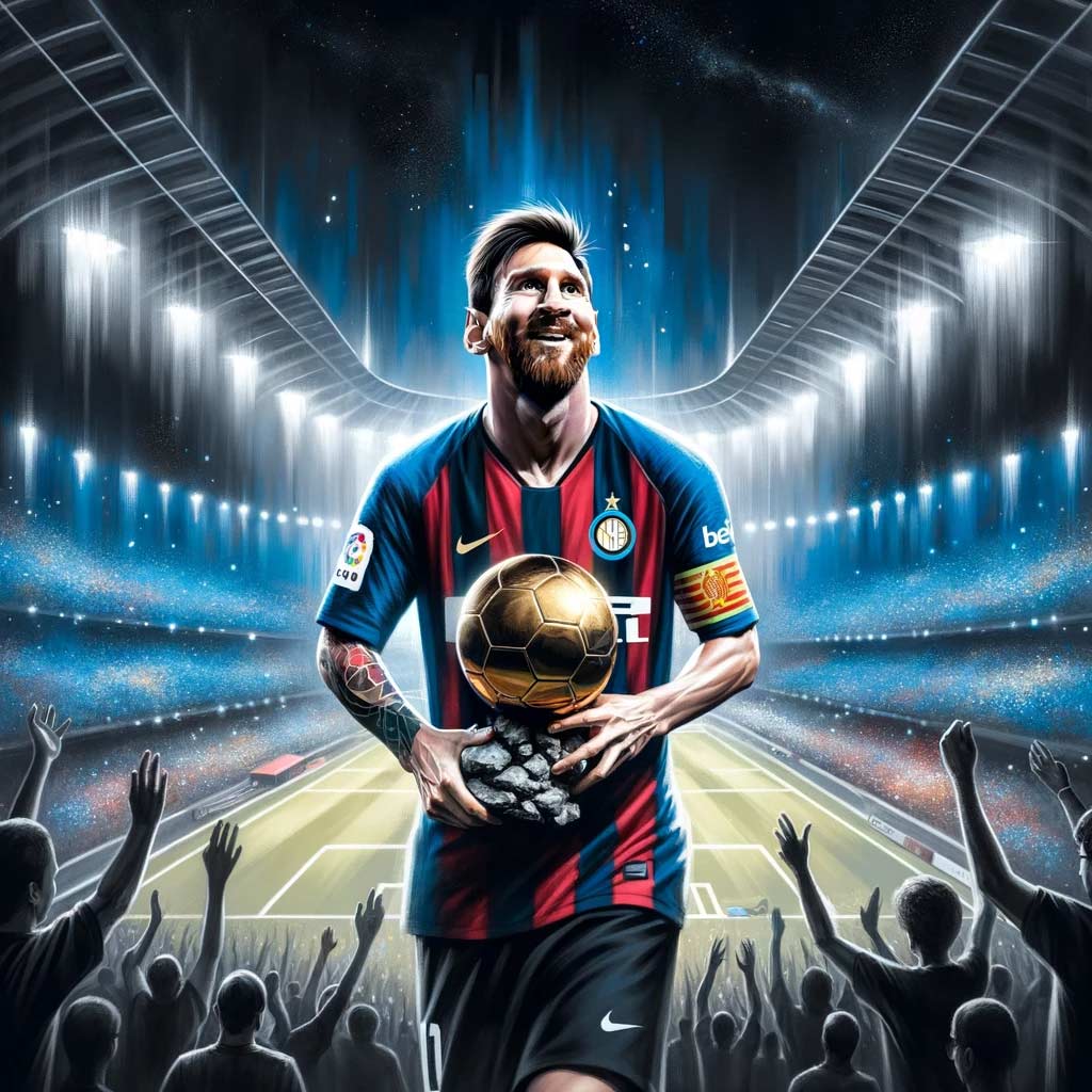 visuel de Messi tenant le balon d'Or dans un stade rempli de supporters du joueur