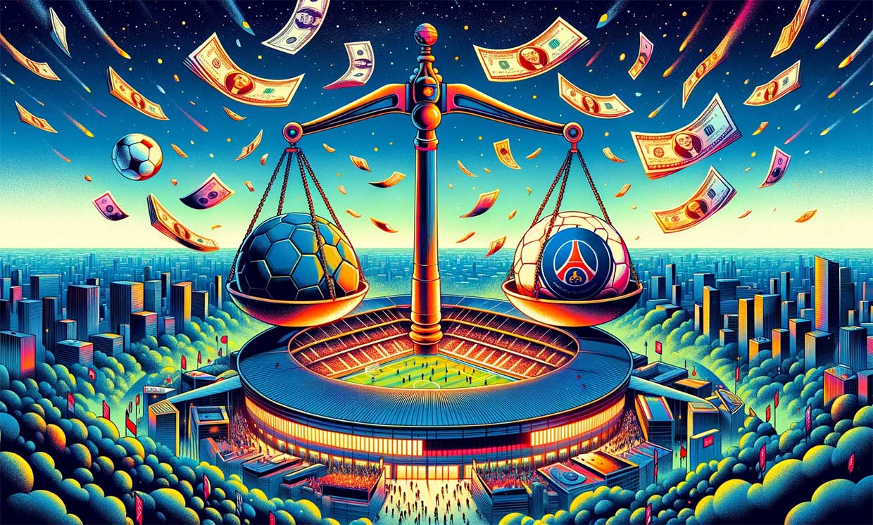 Illustration symbolique avec une vue aérienne du stade du PSG, vibrant et coloré. Au-dessus du stade, une balance géante, symbolisant l'équilibre entre le sport et les finances.