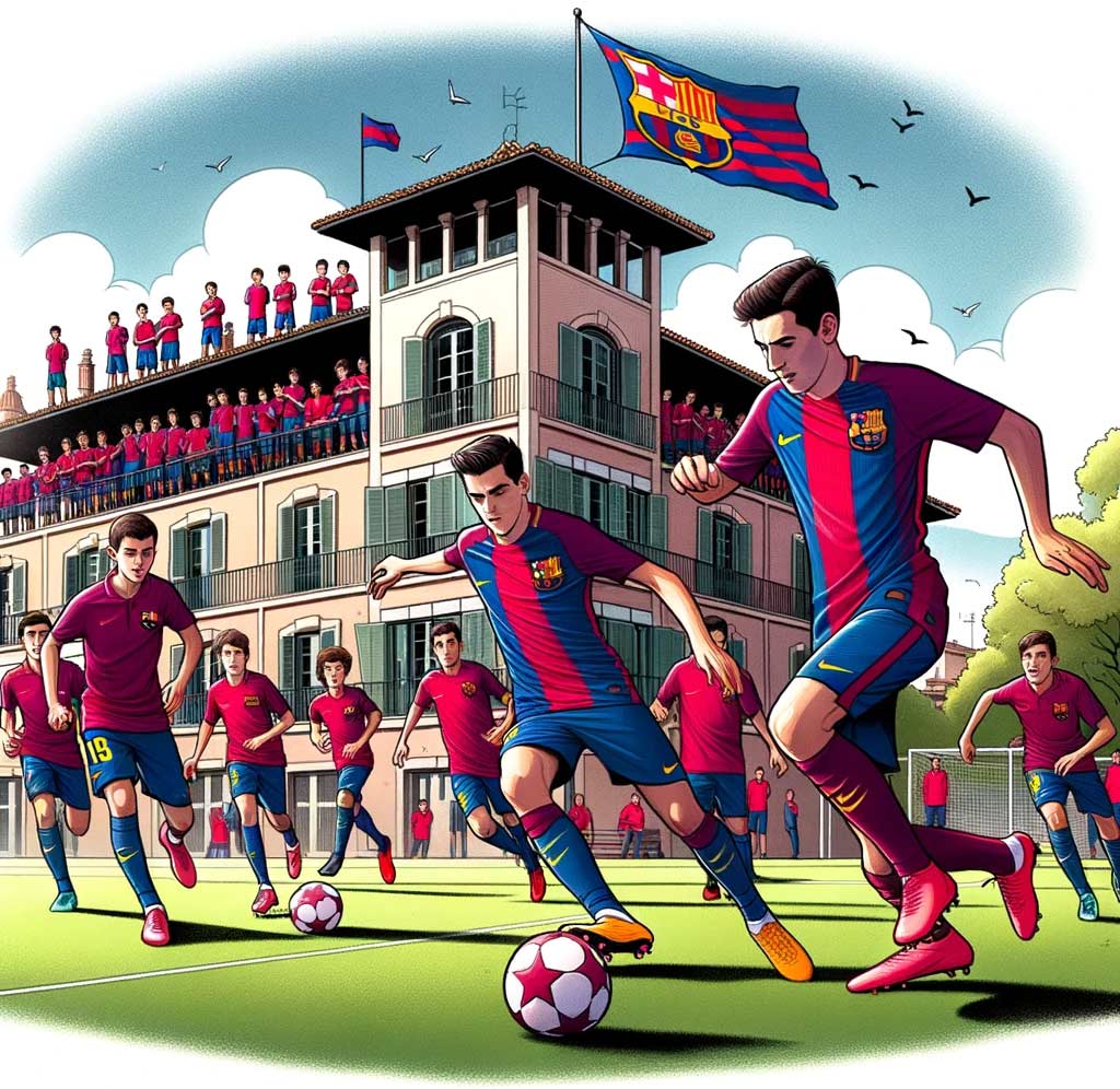 Illustration colorée de La Masia avec des jeunes footballeurs en action. Marc Bernal est au centre, dribblant habilement le ballon. Des drapeaux du FC Barcelone flottent fièrement au sommet du bâtiment.