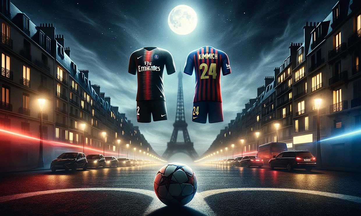 Dans une ville nocturne éclairée par des lumières tamisées, un terrain de football vide symbolise la quête intense des clubs pour un joueur précieux. Au premier plan, deux maillots flottent dans l'air comme s'ils étaient tirés dans deux directions opposées : l'un aux couleurs du Paris Saint-Germain, noir et rouge et l'autre aux couleurs du FC Barcelone. Entre eux, un ballon de football