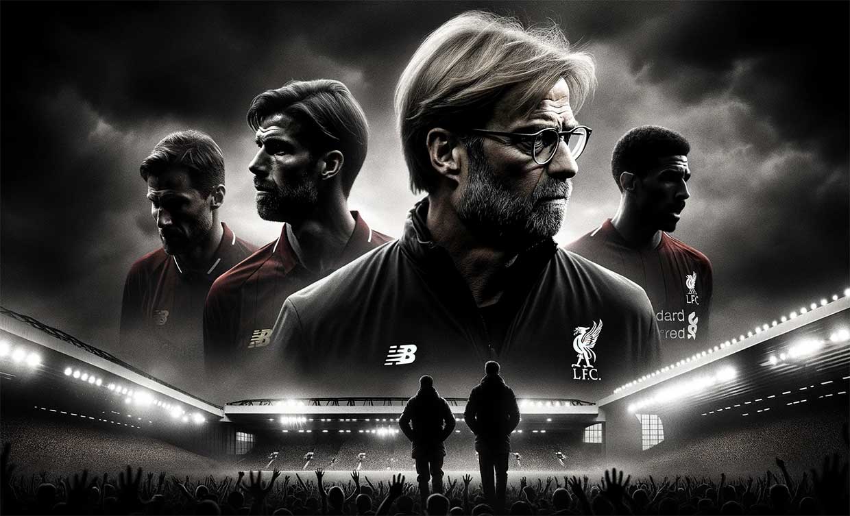 visuel illustrant le départ de Klopp de Liverpool avec des couleurs sombres, le portait de l'entraîneur au premier plan et des représentations des joueurs derrière lui