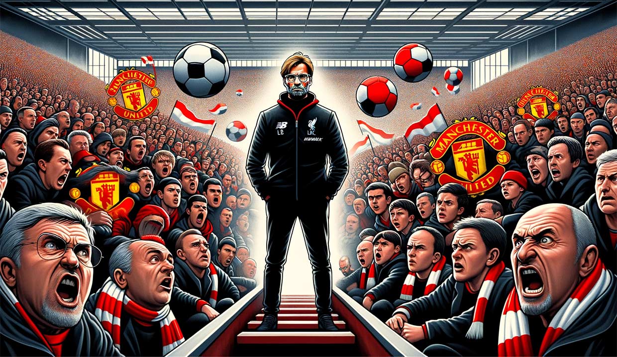 Illustration de Klopp avec l'air blasé au milieu de supporters de Liverpool qui semblent en colère